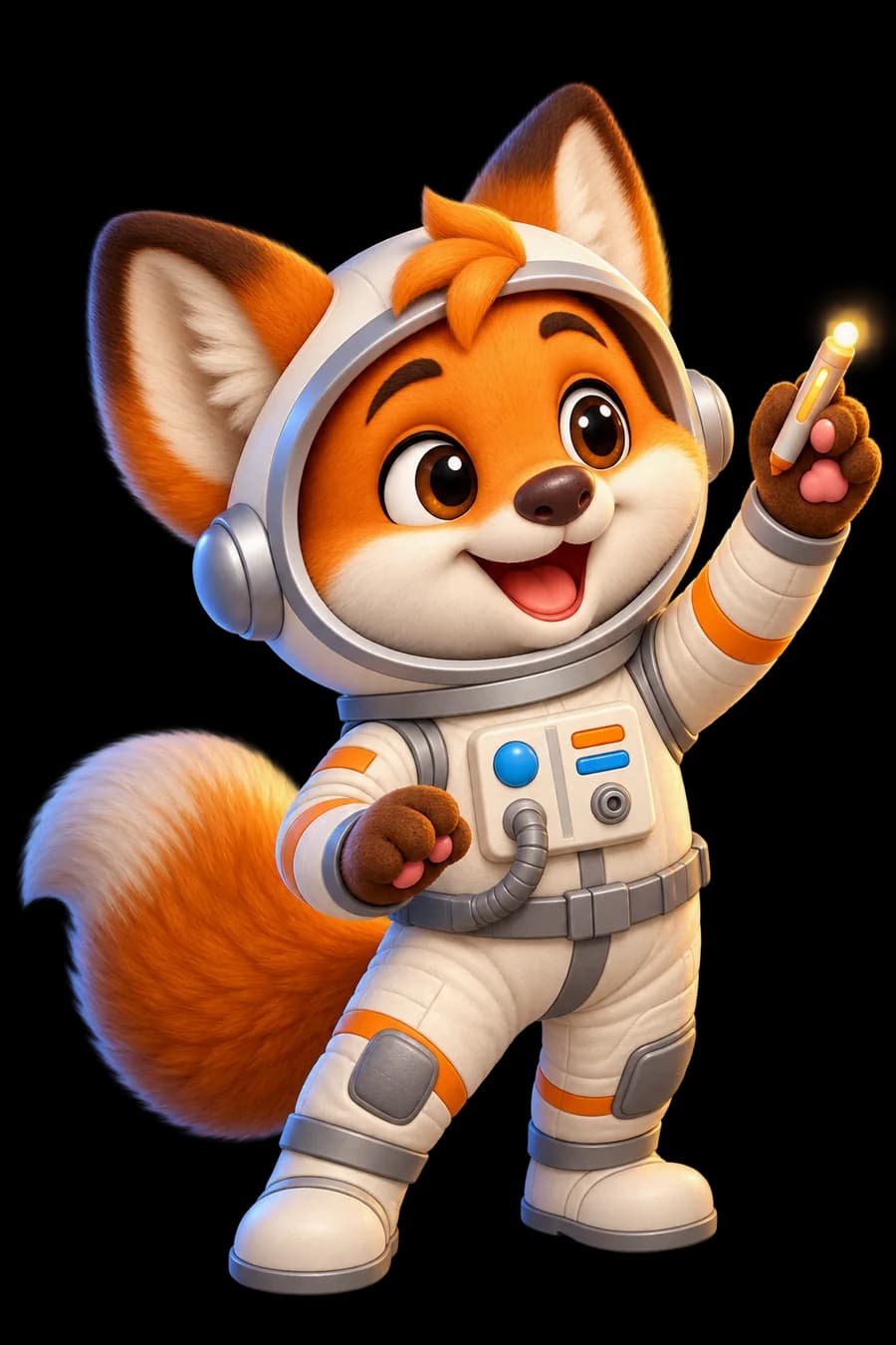 Nyo, en combinaison d’astronaute, dessine une étoile du bout du doigt.