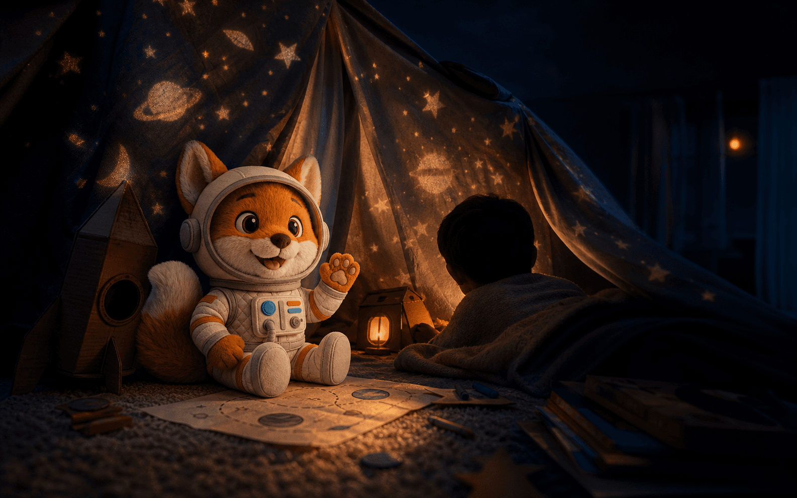 Sous une tente constellée d’étoiles, Nyo salue un enfant allongé qui l’écoute, à la lueur d’une lanterne.